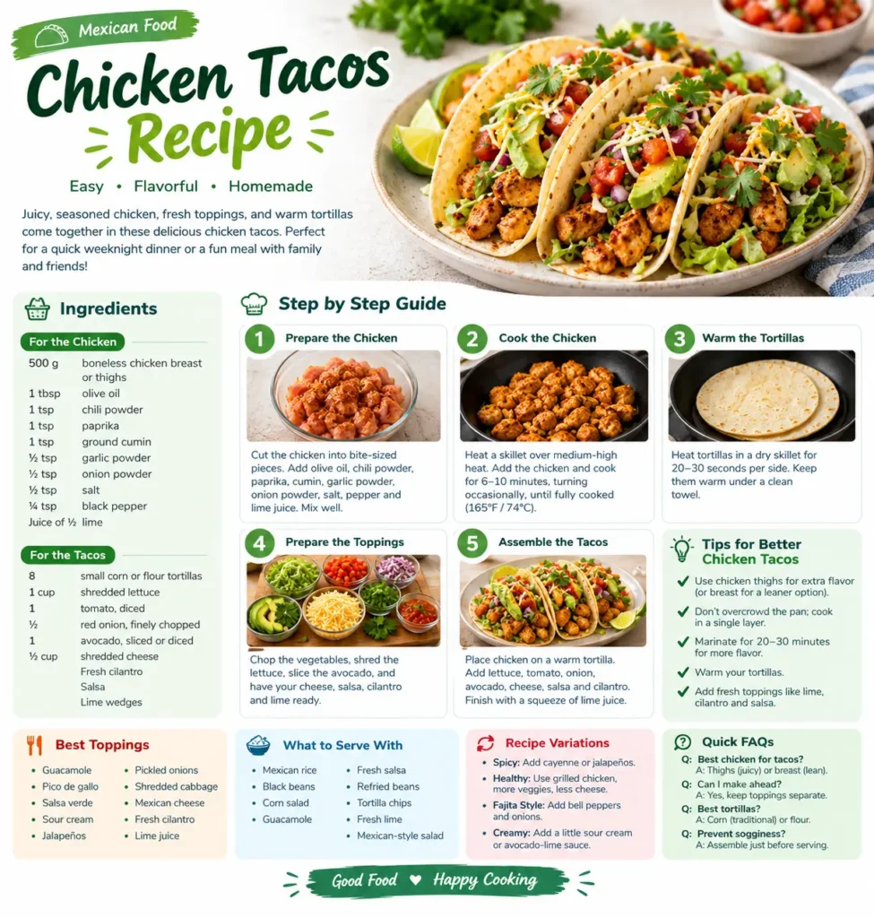 Chicken tacos are an easy Mexican-inspired meal made with seasoned chicken, warm tortillas, fresh vegetables, salsa, and flavorful toppings. This chicken tacos recipe is simple enough for a weeknight dinner and easy to customize with your favorite ingredients.

Chicken Tacos Ingredients
For the Chicken
500 g boneless chicken breast or thighs
1 tablespoon olive oil
1 teaspoon chili powder
1 teaspoon paprika
1 teaspoon ground cumin
½ teaspoon garlic powder
½ teaspoon onion powder
½ teaspoon salt
¼ teaspoon black pepper
Juice of ½ lime
For the Tacos
8 small corn or flour tortillas
1 cup shredded lettuce
1 tomato, diced
½ small red onion, finely chopped
1 avocado, sliced or diced
½ cup shredded cheese
Fresh cilantro
Salsa
Lime wedges
How to Make Chicken Tacos
Step 1: Prepare the Chicken

Cut the chicken into small bite-sized pieces or thin strips.

Place it in a bowl and add olive oil, chili powder, paprika, cumin, garlic powder, onion powder, salt, pepper, and lime juice.

Mix well until the chicken is evenly coated.

Step 2: Cook the Chicken

Heat a skillet over medium-high heat and add the seasoned chicken.

Cook for about 6–10 minutes, turning occasionally, until the chicken is cooked through and reaches 165°F (74°C) internally.

For extra flavor, allow the chicken to develop a lightly browned exterior.

Step 3: Warm the Tortillas

Heat the tortillas in a dry skillet for about 20–30 seconds per side.

Keep them warm under a clean kitchen towel while you prepare the tacos.

Step 4: Prepare the Toppings

While the chicken cooks, prepare your toppings.

Chop the tomato and onion, shred the lettuce, slice the avocado, and have your salsa, cheese, cilantro, and lime ready.

Step 5: Assemble the Chicken Tacos

Place a warm tortilla on a plate.

Add a portion of cooked chicken, followed by lettuce, tomato, onion, avocado, and cheese.

Top with salsa and fresh cilantro.

Finish with a squeeze of fresh lime juice.

Best Toppings for Chicken Tacos

You can customize your tacos with:

Guacamole
Pico de gallo
Salsa verde
Sour cream
Jalapeños
Pickled onions
Shredded cabbage
Mexican cheese
Fresh cilantro
Lime juice
Tips for Better Chicken Tacos

Use chicken thighs for extra flavor: Chicken breast is leaner, while thighs tend to stay juicier.

Don't overcrowd the pan: Cook the chicken in a single layer so it browns instead of steaming.

Marinate when possible: Letting the seasoned chicken rest for 20–30 minutes can give the spices more time to flavor the meat.

Warm your tortillas: Warm tortillas are softer and less likely to break when filled.

Add fresh toppings: Lime, cilantro, salsa, onion, and tomatoes provide freshness that balances the seasoned chicken.

What to Serve With Chicken Tacos

Chicken tacos pair well with:

Mexican rice
Black beans
Corn salad
Guacamole
Fresh salsa
Refried beans
Tortilla chips
Fresh lime
Mexican-style salad
Chicken Tacos Recipe Variations
Spicy Chicken Tacos

Add cayenne pepper, sliced jalapeños, or your favorite hot sauce to increase the heat.

Healthy Chicken Tacos

Use grilled chicken, corn tortillas, plenty of vegetables, salsa, and avocado. Reduce cheese and creamy toppings if you want a lighter meal.

Chicken Fajita Tacos

Cook the chicken with sliced bell peppers and onions for a fajita-style taco filling.

Creamy Chicken Tacos

Add a small amount of sour cream or a creamy avocado-lime sauce for a richer version.

Frequently Asked Questions
What chicken is best for tacos?

Both chicken breast and chicken thighs work well. Breast is lean and mild, while thighs provide a richer flavor and tend to remain juicy.

Can I make chicken tacos ahead of time?

Yes. Cooked chicken can be refrigerated and reheated when you're ready to assemble the tacos. Keep tortillas and fresh toppings separate until serving.

What tortillas are best for chicken tacos?

Small corn tortillas are traditional and work especially well, but small flour tortillas are also a good option.

How do I keep chicken tacos from getting soggy?

Don't assemble them too far in advance. Keep the chicken and toppings separate and build the tacos shortly before serving.

Final Thoughts

This chicken tacos recipe is an easy way to make flavorful homemade tacos without complicated ingredients. Seasoned chicken, warm tortillas, fresh vegetables, salsa, avocado, and lime come together for a satisfying Mexican-inspired meal that you can easily customize.